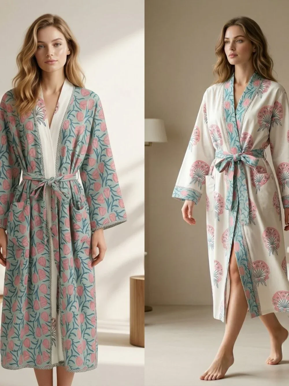 Reversible Cotton Kimono Robe, Hand Block Print Bathrobe, Floral Quilted for Her